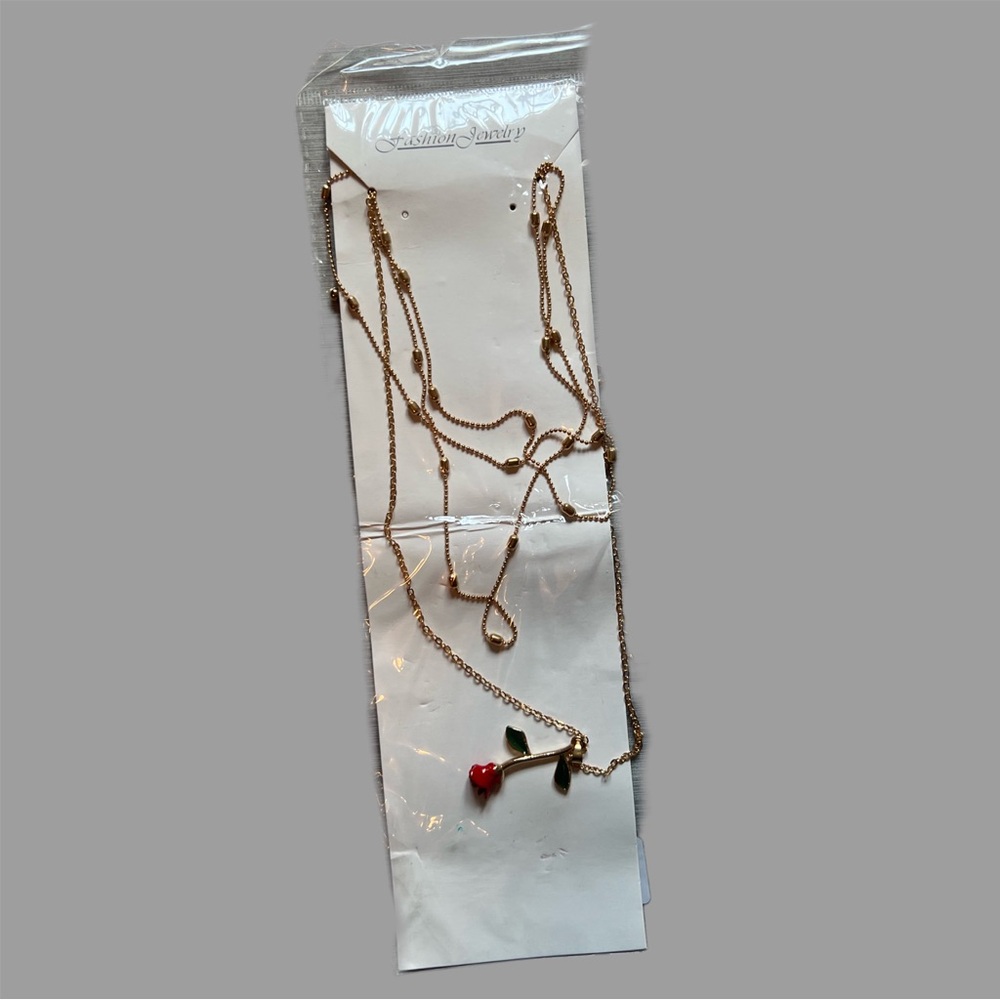 Gold Necklace with Red Rose Pendant